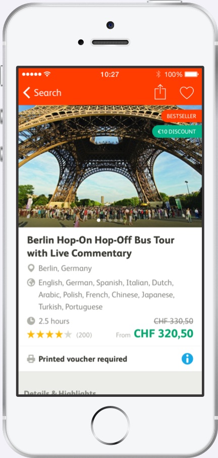 Activity listing in the GetYourGuide app