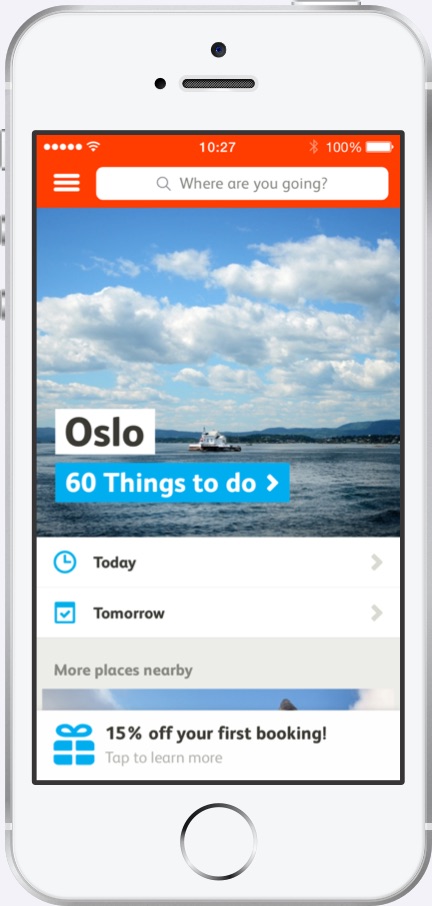 Home screen of the GetYourGuide app